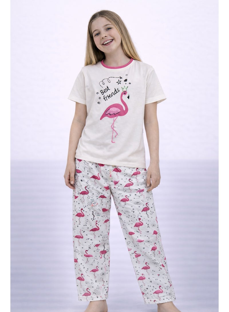 victor and jane Girls’ Pajama Set – Flamingo Graphic T-Shirt & Printed Pants - Image 1